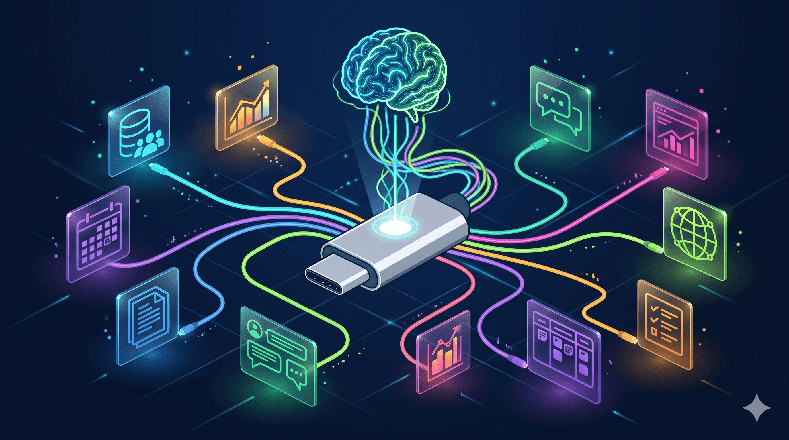 Cable USB-C central con múltiples conectores de colores irradiando hacia plataformas SaaS flotantes (CRM, e-mail, calendar, analytics), simbolizando cómo MCP unifica el acceso de agentes de IA a múltiples fuentes de datos.