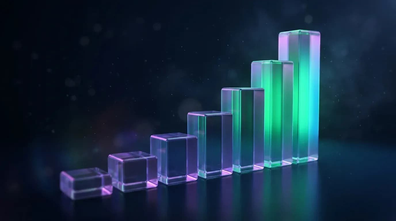 Ilustración editorial abstracta de barras ascendentes tipo gráfico financiero en tonos navy, verde y cian, representando el crecimiento de ingresos de una empresa de IA antes de su salida a bolsa.