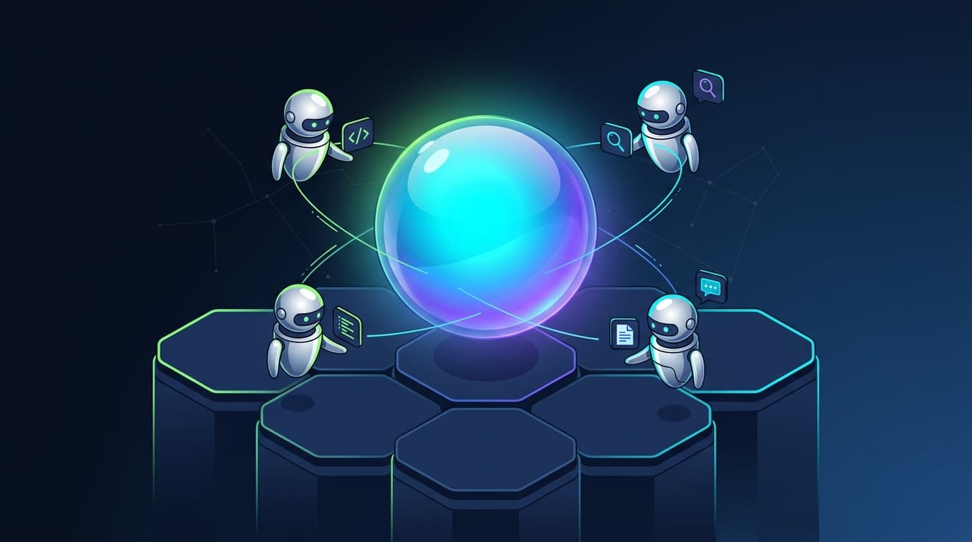 Esfera de cristal translúcida con gradientes cian y violeta flotando sobre plataforma hexagonal, rodeada de cuatro agentes robóticos cromados conectados por estelas de luz, simbolizando los agentes autónomos de Google Gemini 3.5.
