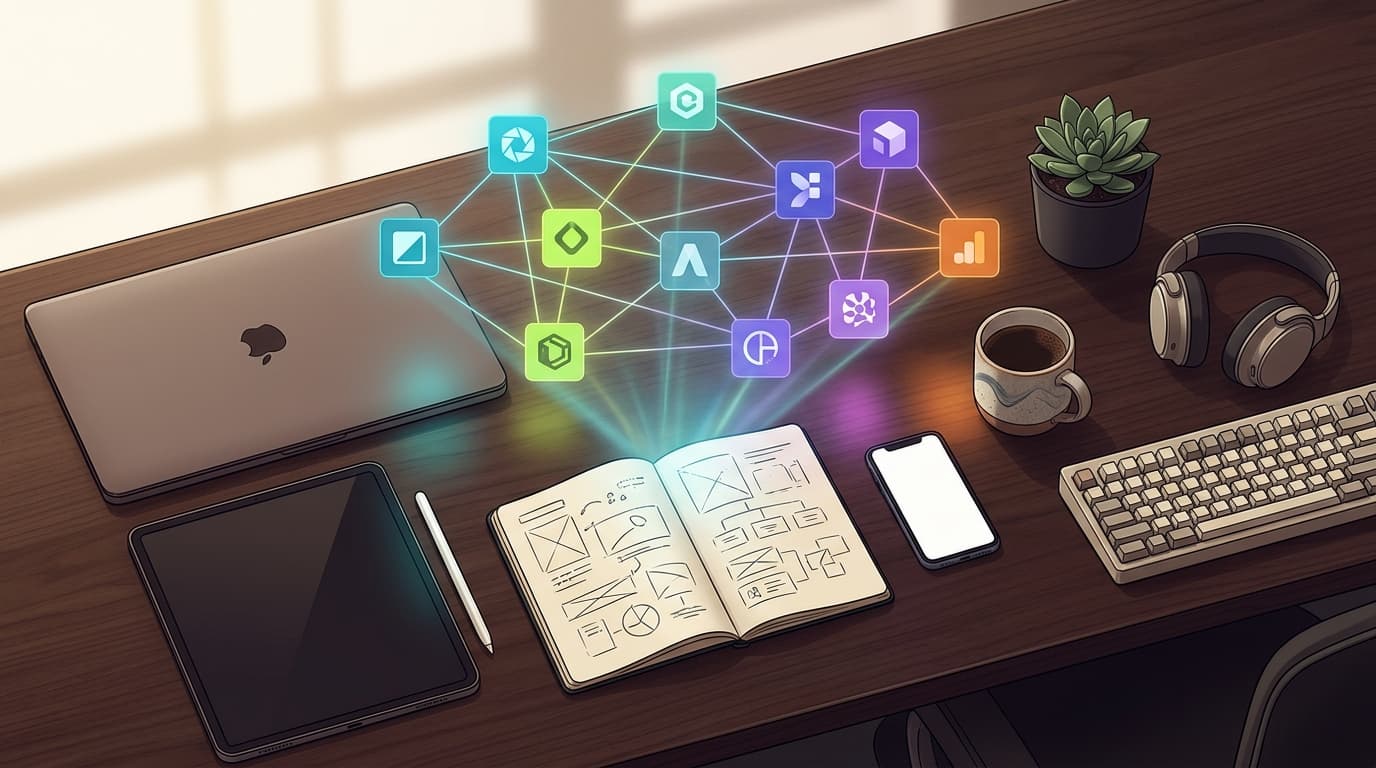 Vista cenital de un escritorio de madera oscura con MacBook cerrada, iPad con stylus, libreta abierta con bocetos, smartphone, taza de café, suculenta, audífonos y teclado mecánico, con constelación holográfica de íconos de apps en colores cian, lima, violeta y naranja flotando arriba.