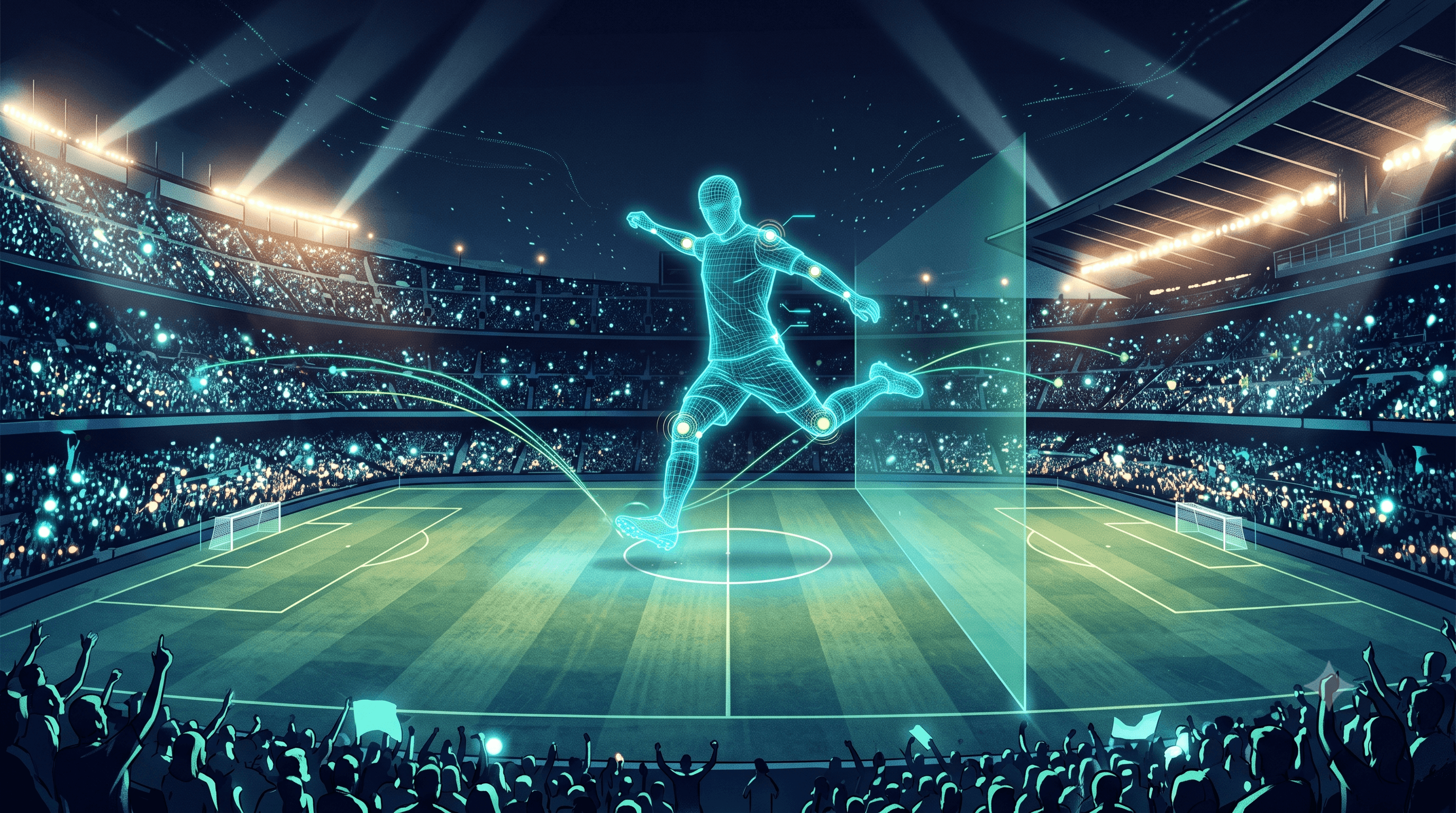 Estadio de fútbol nocturno visto desde arriba con un avatar holográfico 3D
