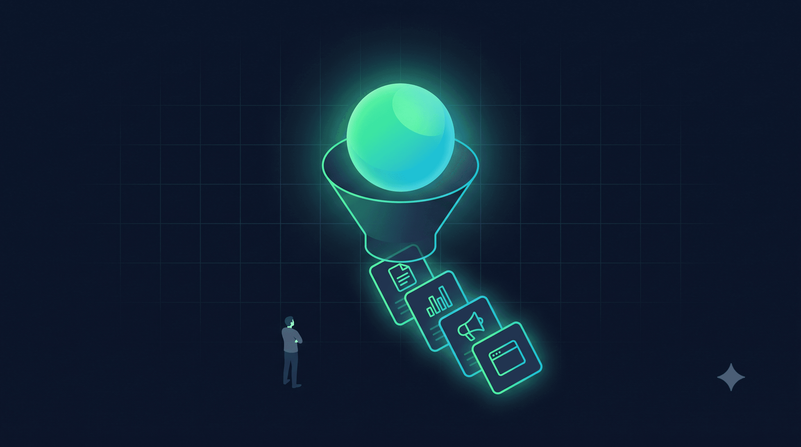 Ilustración editorial de un agente de IA generando entregables de marketing dentro de un embudo, en paleta navy y verde de Geek Vibes.