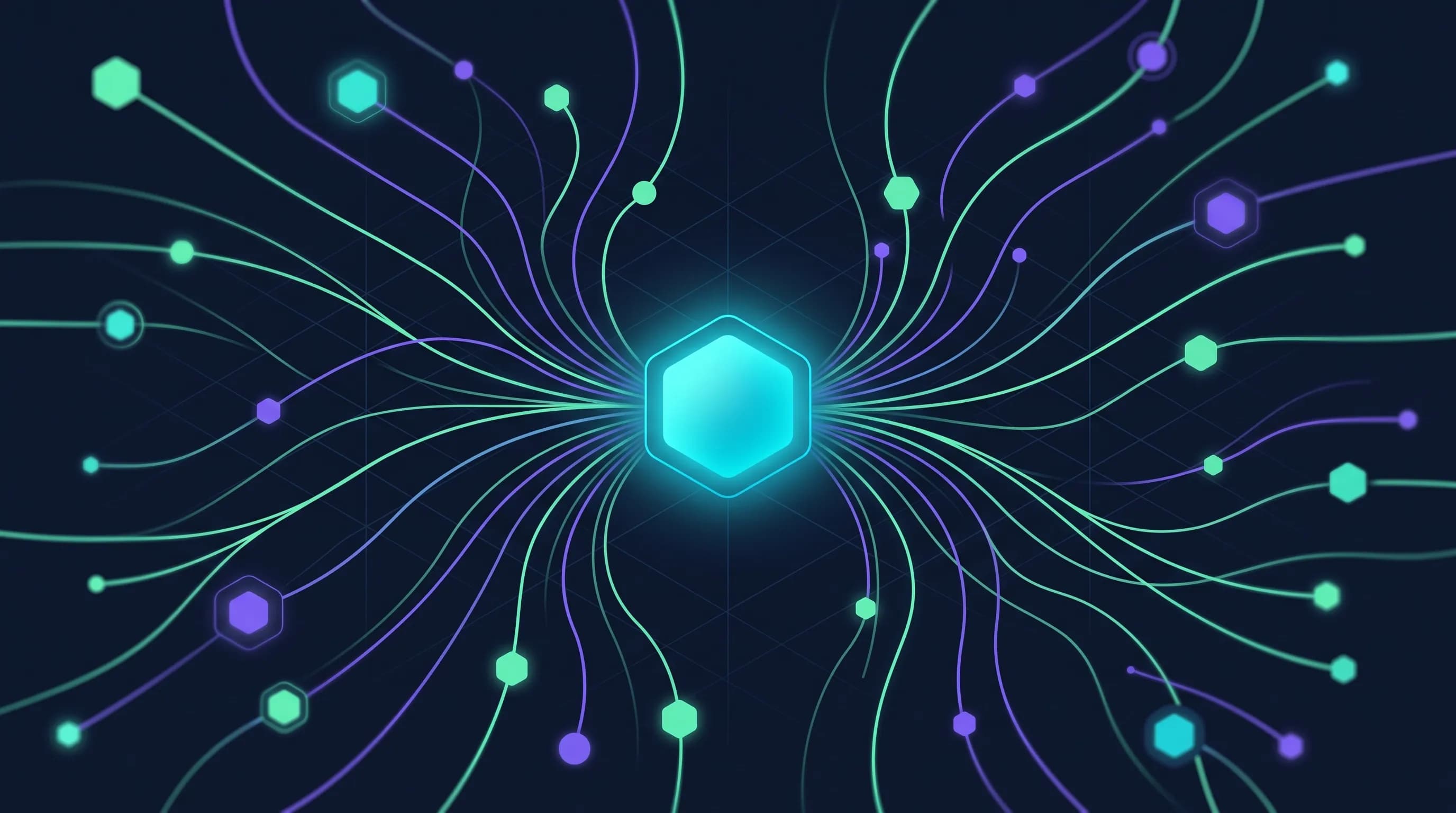 Ilustración abstracta de nodos de luz convergiendo en un punto central, que representa la consolidación de modelos de IA en un solo gateway.