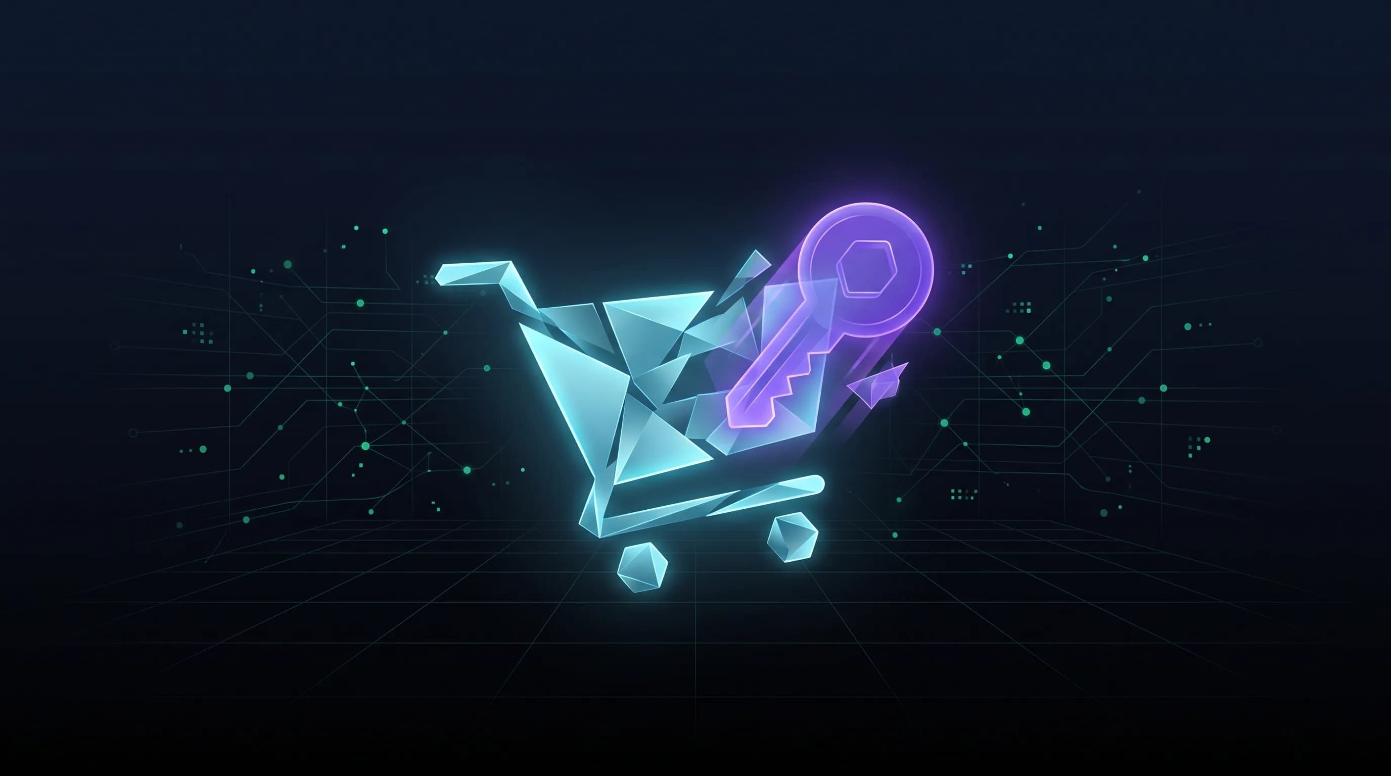 Ilustración abstracta de un carrito de compra y un token de verificación flotando en fondo navy, símbolo de agentes de IA comprando en línea.