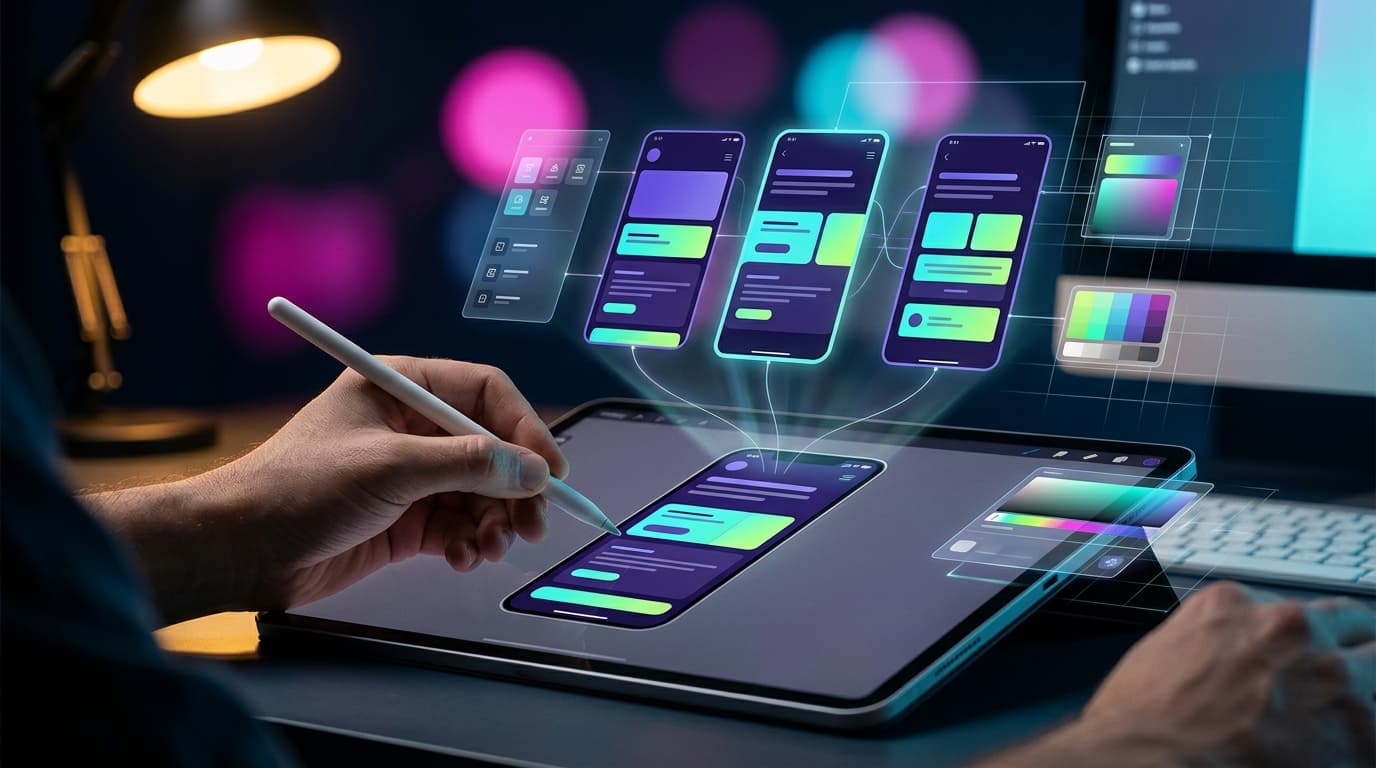 Manos de diseñador trabajando sobre un iPad Pro con stylus, con tres proyecciones holográficas de variaciones de UI flotando arriba conectadas por líneas brillantes, simbolizando el flujo de diseño asistido por IA con Figma Make.