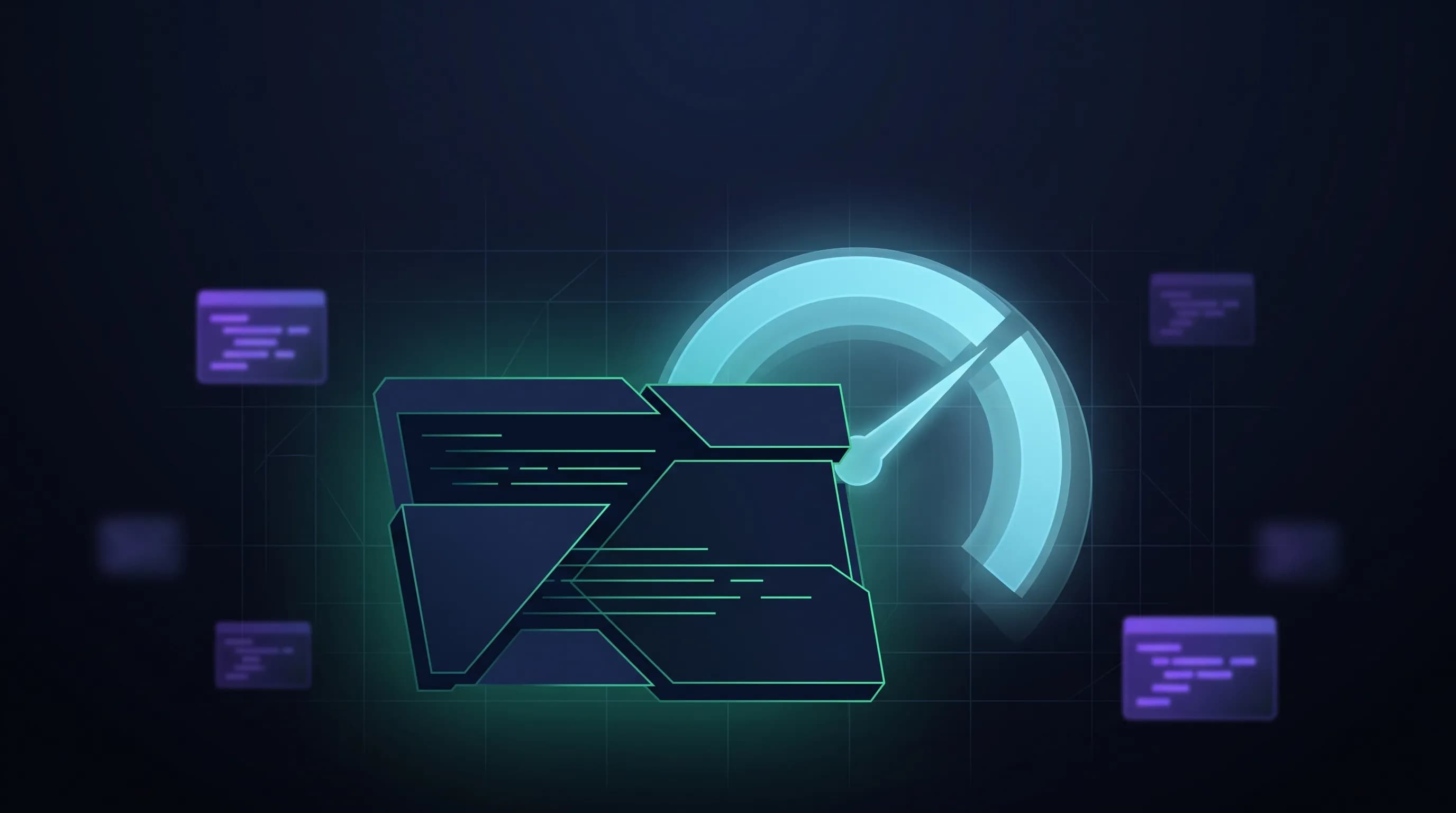 Ilustración abstracta de una terminal de código en navy y verde junto a un medidor de rendimiento en cian, símbolo de un benchmark de agentes de IA.