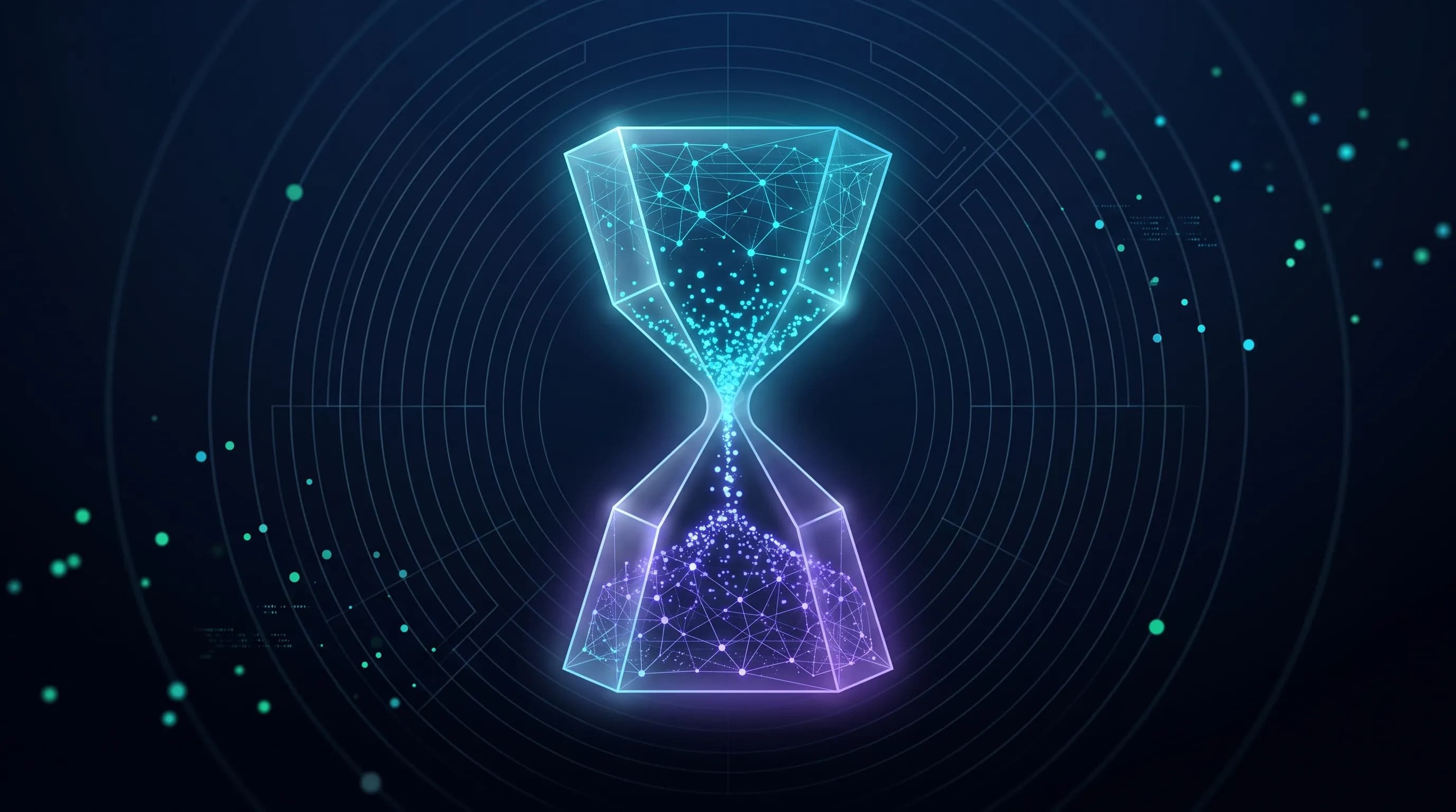 Ilustración abstracta de un reloj de arena digital junto a un núcleo de IA desactivándose, en tonos navy y cian, sobre dependencia de modelos de IA.