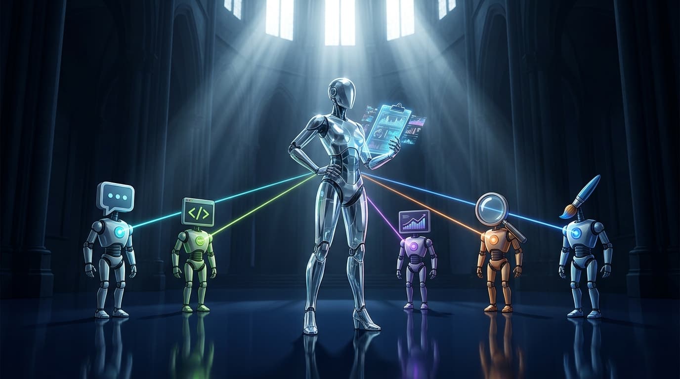 Figura humanoide cromada en pose de liderazgo sosteniendo una tableta holográfica, rodeada por cinco agentes robóticos especializados conectados por haces de luz en cian, lima, violeta, naranja y azul, en un espacio iluminado por rayos de luz cenitales.