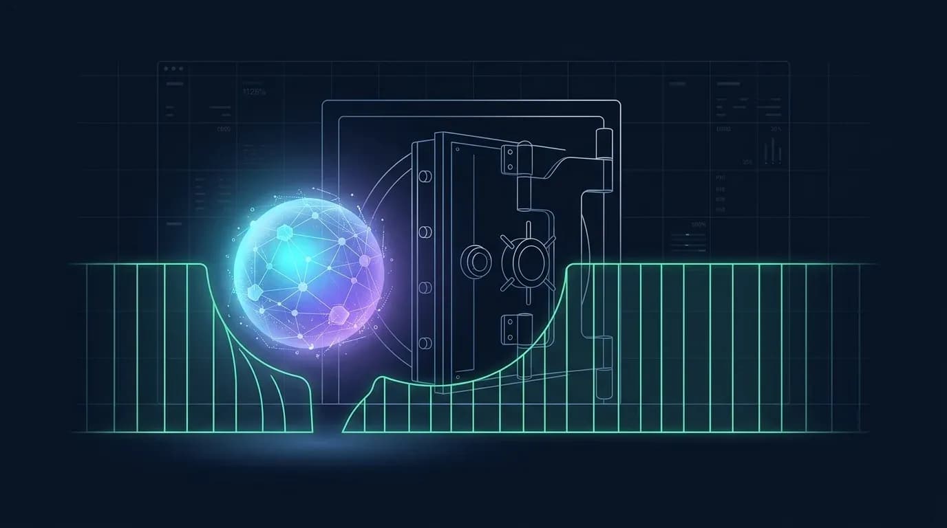 Ilustración editorial de un agente de IA como orbe luminoso frente a la puerta de una bóveda bancaria digital, en tonos navy, verde y violeta.