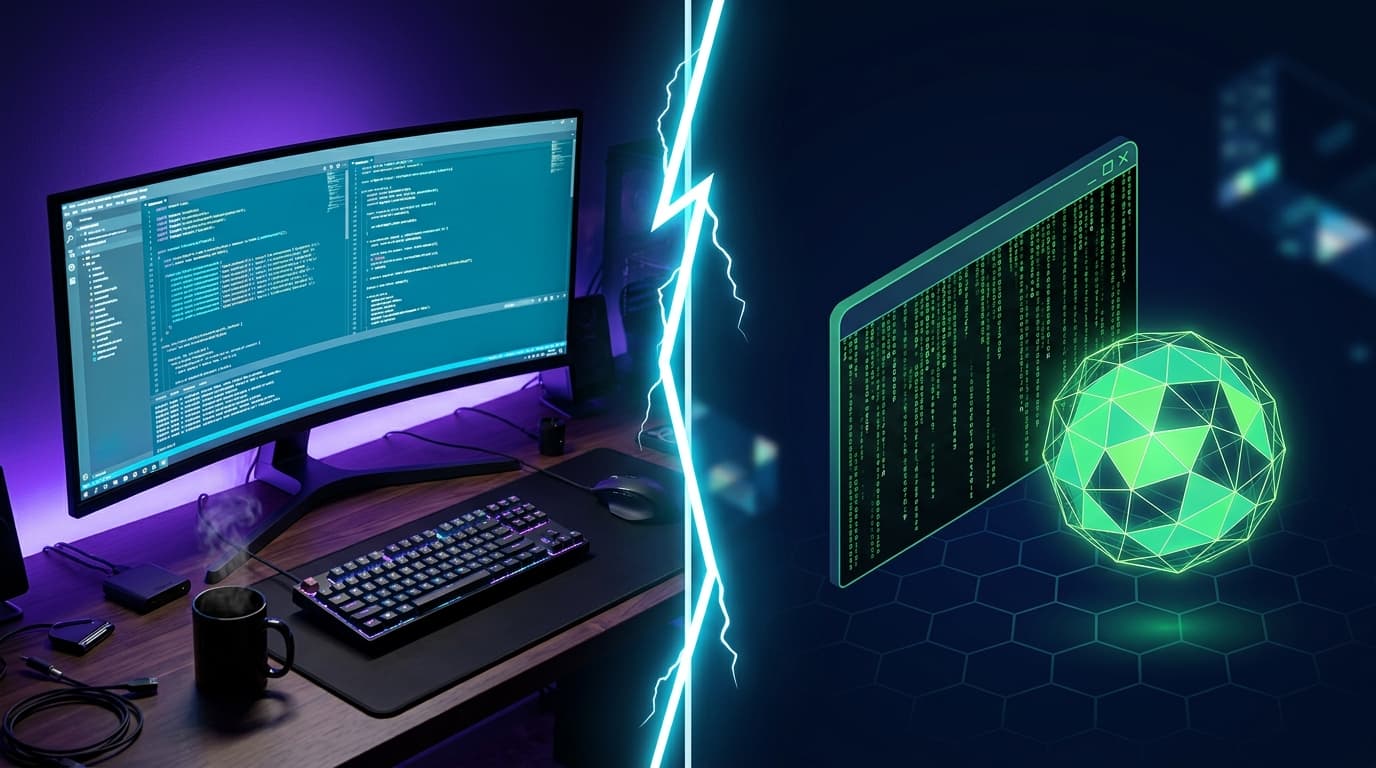 Pantalla dividida que contrasta un IDE moderno con iluminación violeta y un terminal flotante con código verde tipo Matrix, simbolizando la comparación entre Cursor y Claude Code en 2026.
