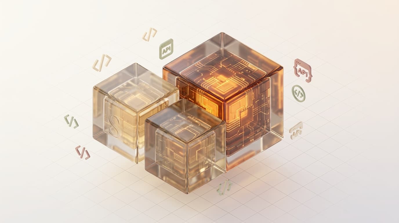 Renderizado isométrico de dos cubos de cristal fusionándose en uno mayor, con circuitos internos brillando, representando la adquisición de Stainless por Anthropic y la fusión de capacidades en developer experience.
