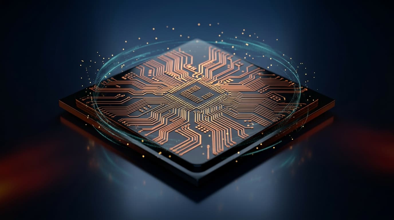 Macro fotografía de un chip de silicio negro pulido con trazos de circuitería en cobre brillando en tonos ámbar y naranja, con partículas doradas flotantes y patrones holográficos de datos en cian sobre fondo navy.