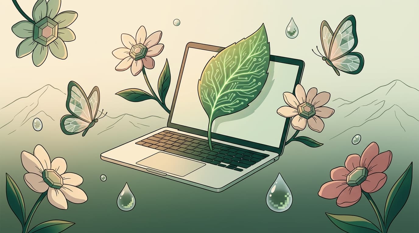 Laptop minimalista flotando con una hoja verde vibrante creciendo desde la pantalla, sus venas iluminadas con patrones de circuitos, rodeada de flores con centros hexagonales y mariposas con alas geométricas translúcidas sobre fondo cream a verde bosque.