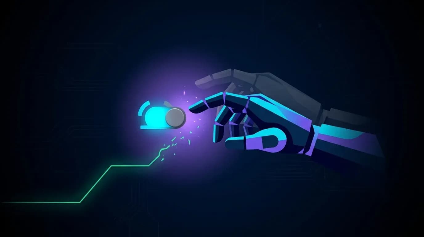 Ilustración editorial de una mano robótica apagando un interruptor de alarma de seguridad de IA, fondo azul marino con acentos violeta y verde.